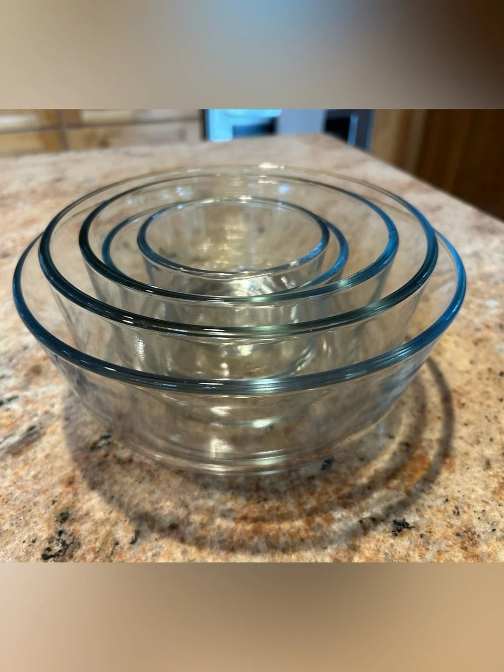 Anchor Hocking Gray Blue Rim Clear Glass Mixing Bowl Set (5) 1C,2C,4C,7C & 8Cup.